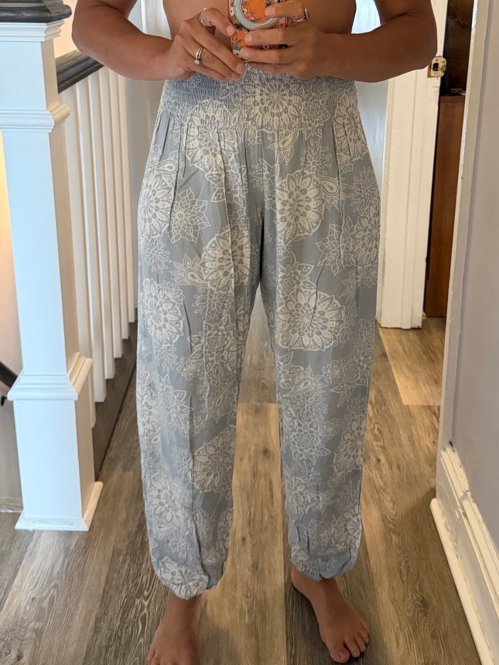 Lotus and Luna Smocked Waist Floral Print Joggers — Baby Blue and White